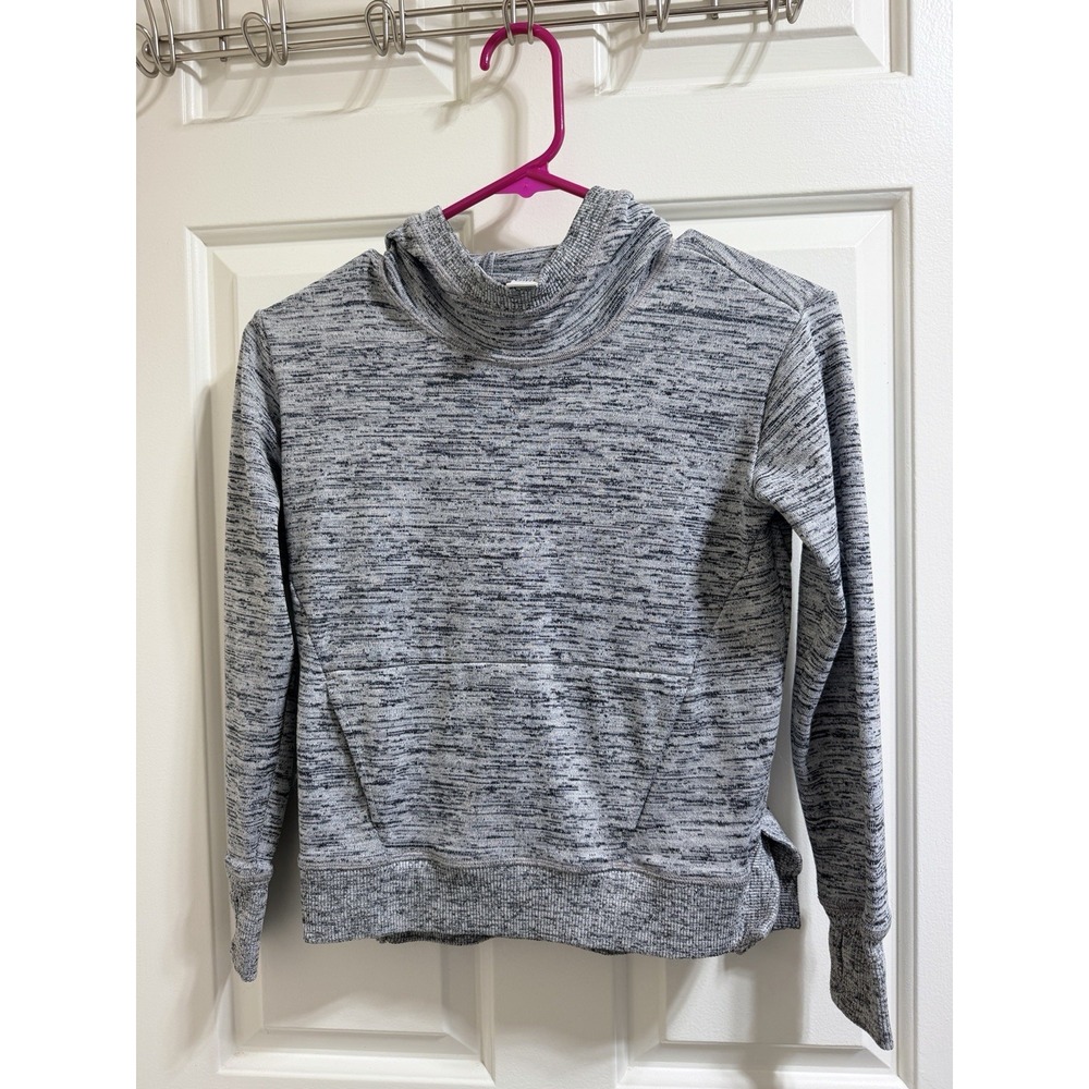 Athleta Girl Pullover Hoodie Sz Small (7) Gray Heathered Pocket Hood Thumbholes